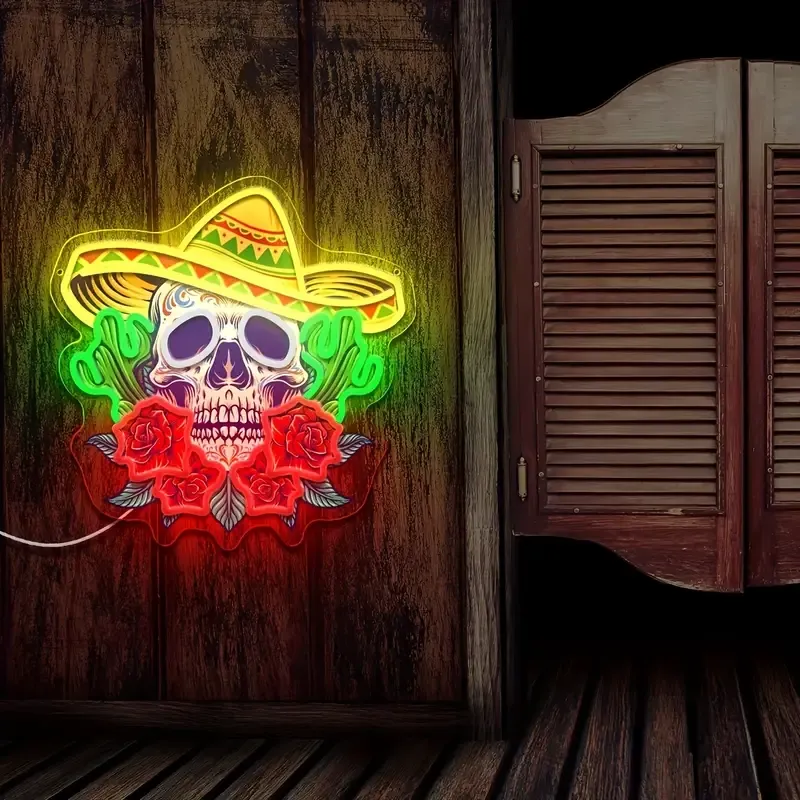 Vibrant Skull and Rose Neon Sign