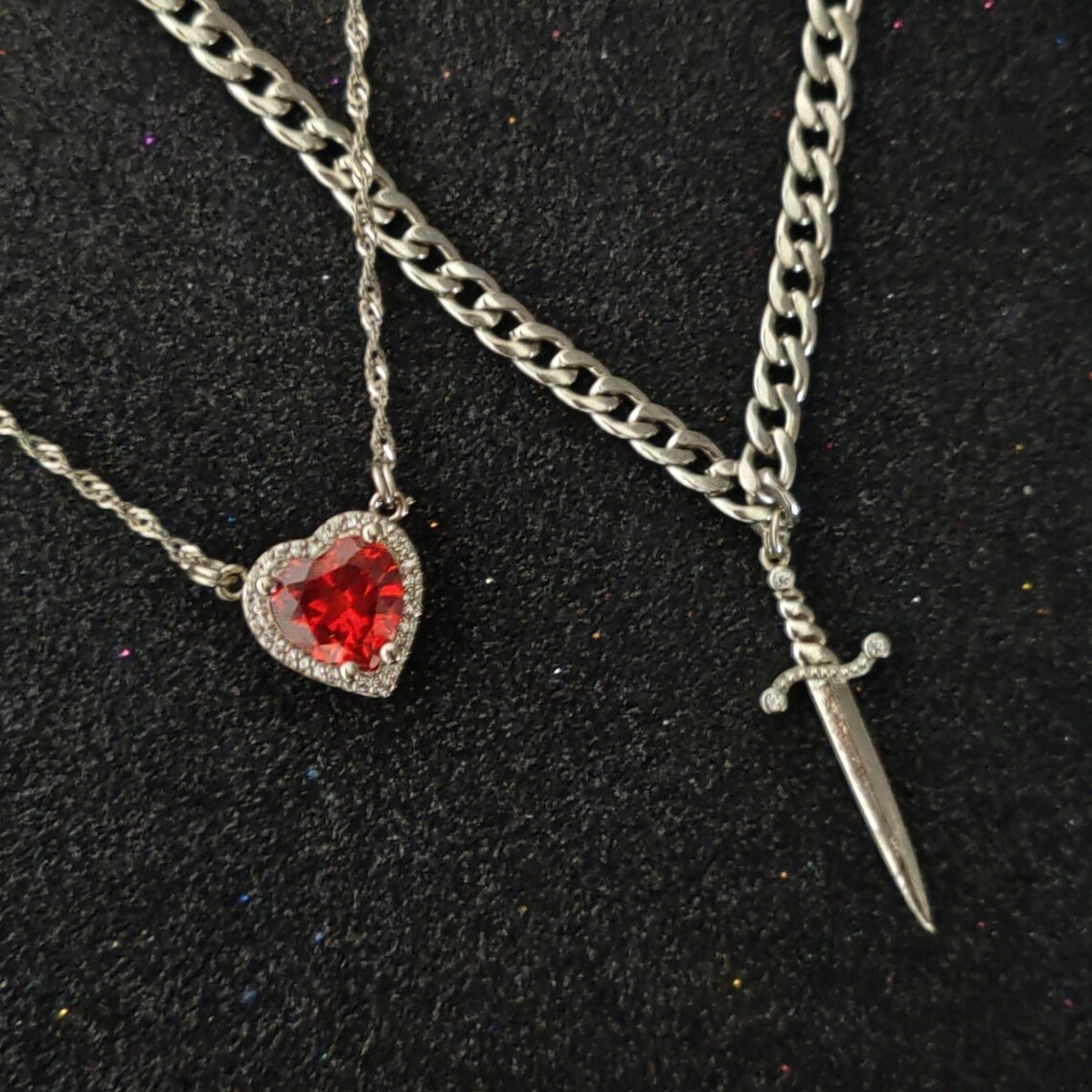 Heart & Sword Couples Necklace Set