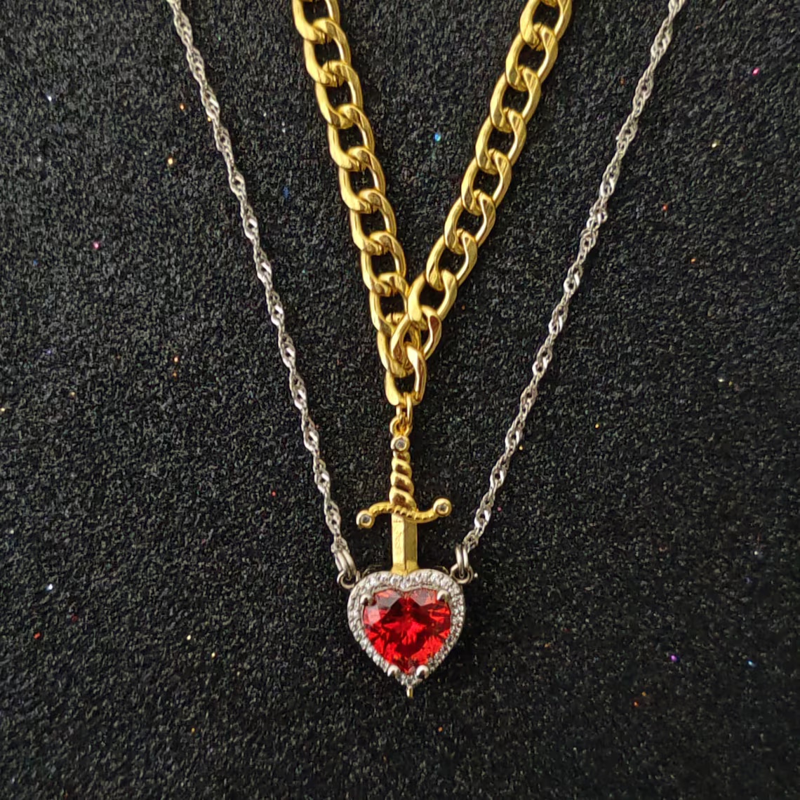Heart & Sword Couples Necklace Set