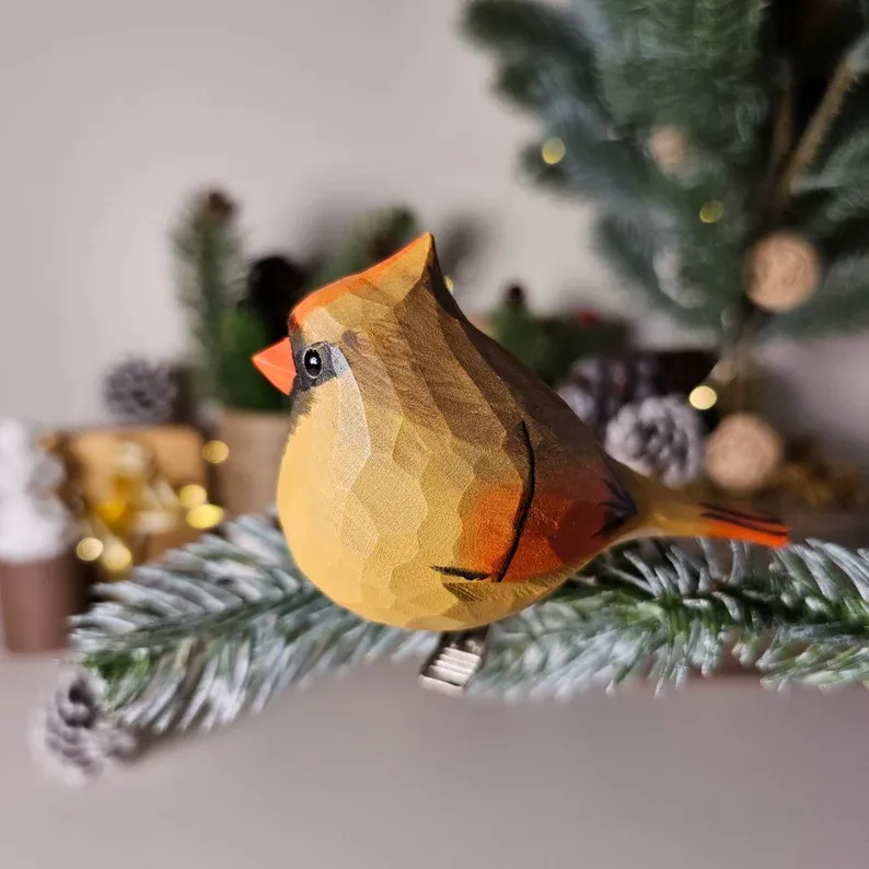 🎄Handcrafted Clip-On Christmas Tree Bird Ornament | Woodcarving Art | Hand Painted Art