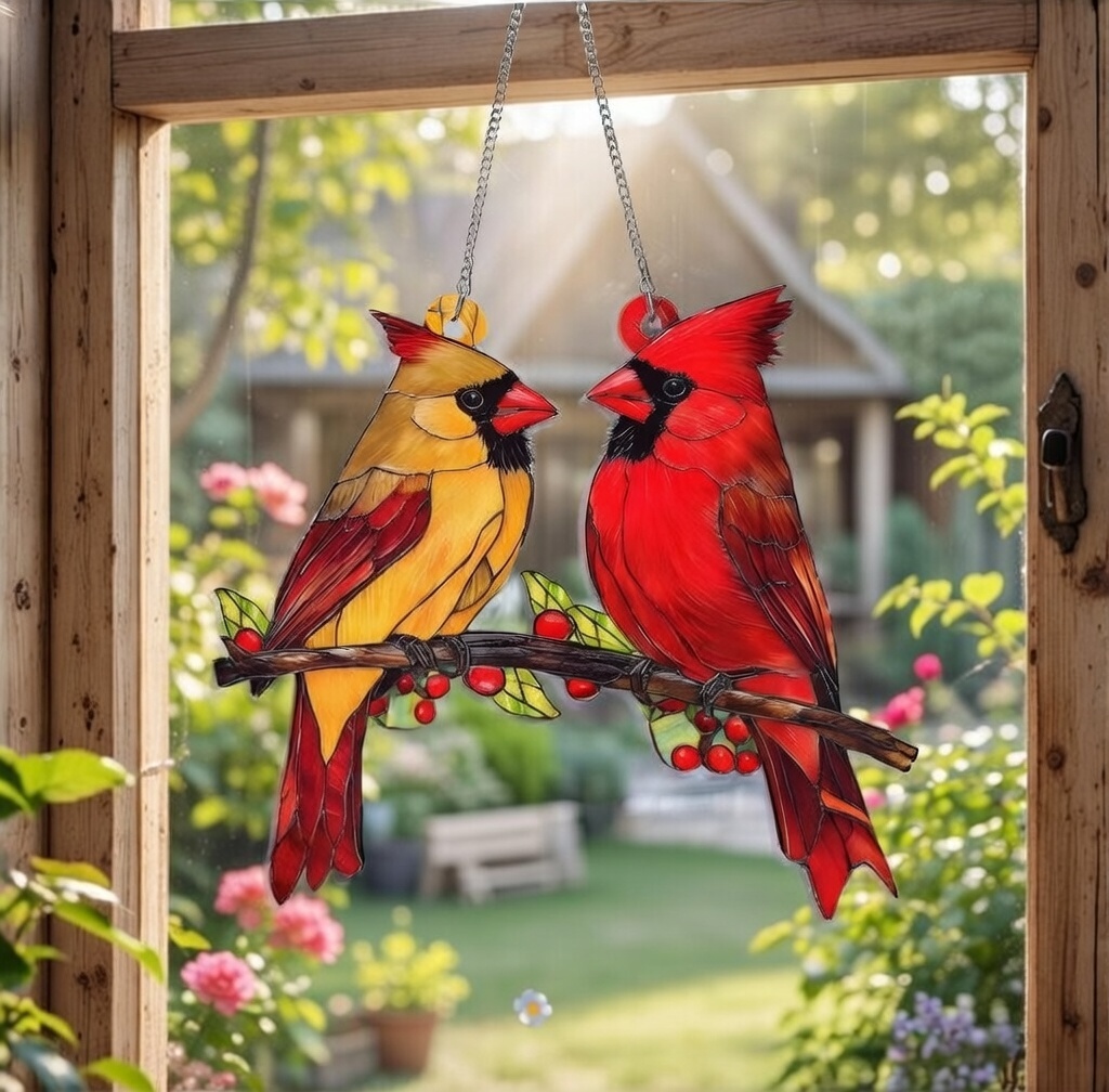 Red Bird Couple Stained Glass Window Hanging Decor