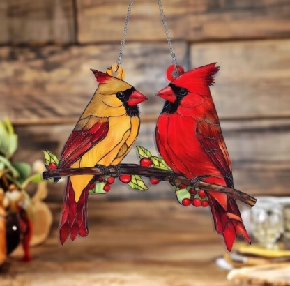 Red Bird Couple Stained Glass Window Hanging Decor