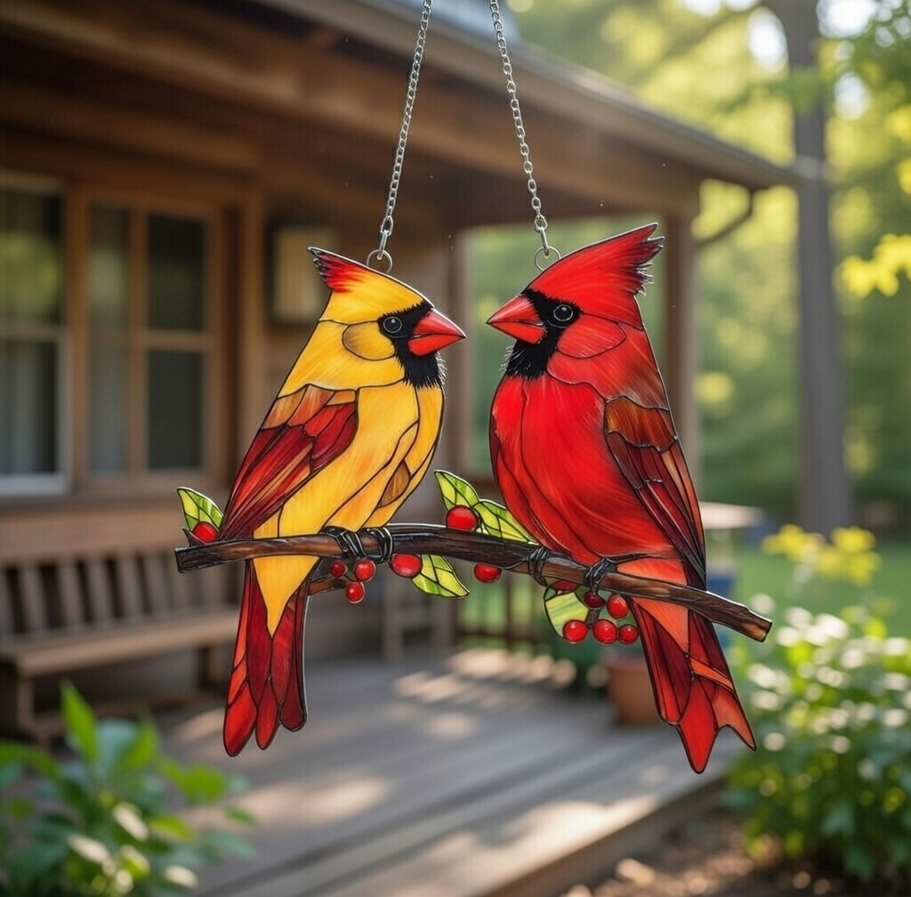 Red Bird Couple Stained Glass Window Hanging Decor