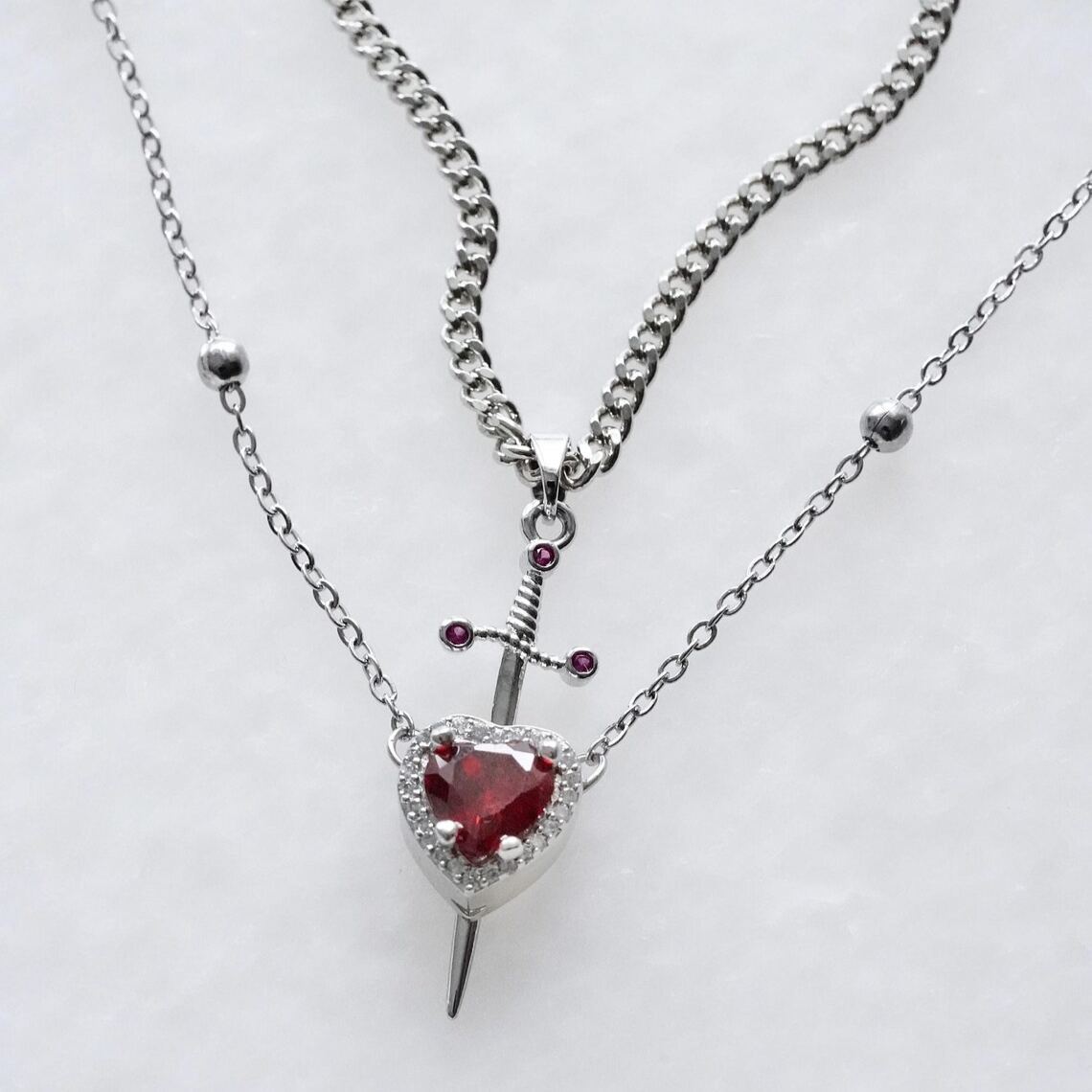 Heart & Sword Couples Necklace Set