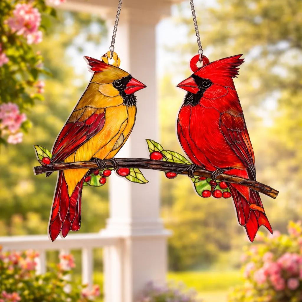 Red Bird Couple Stained Glass Window Hanging Decor