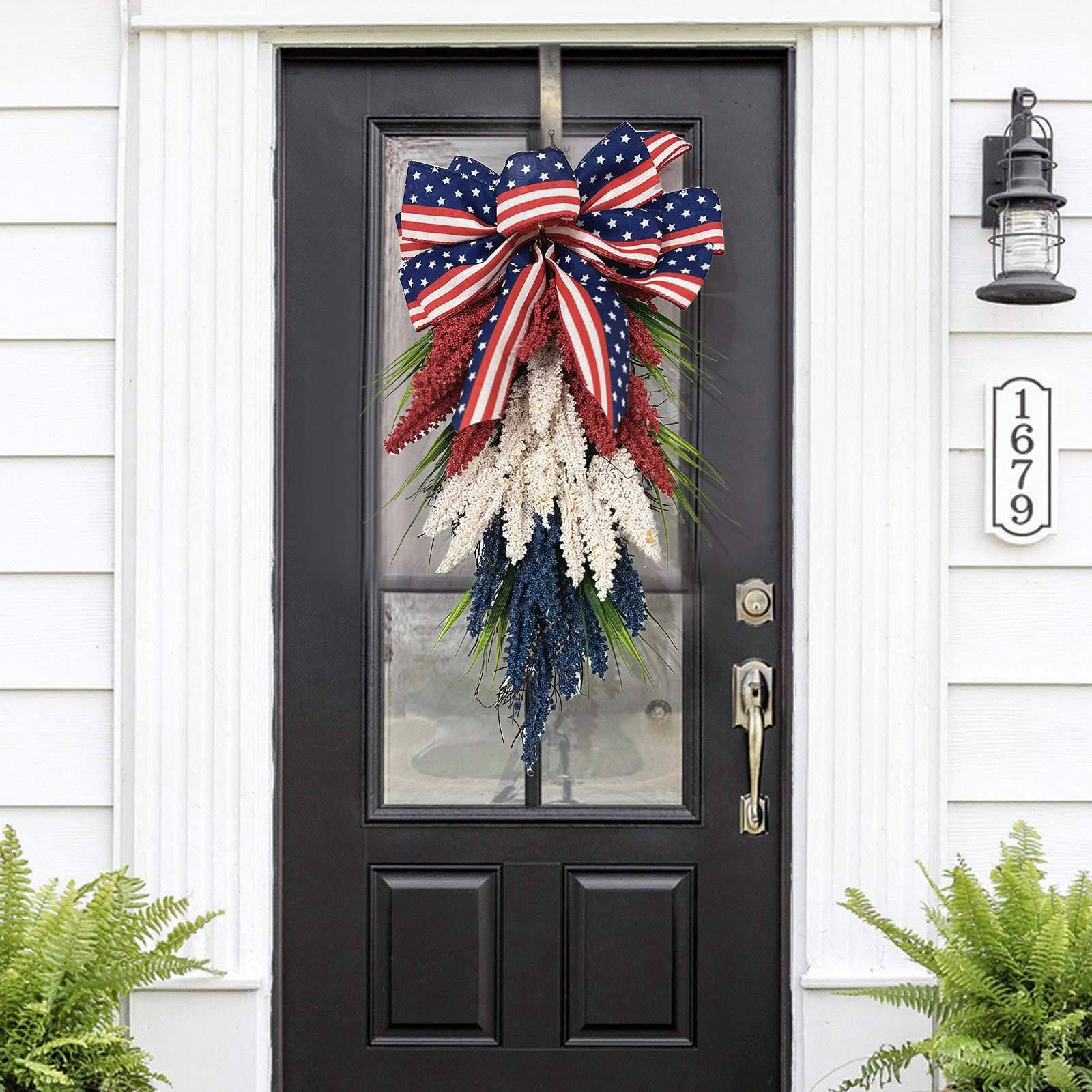 Patriotic Front Door Wreath – 4th of July Red, White & Blue Holiday Decor