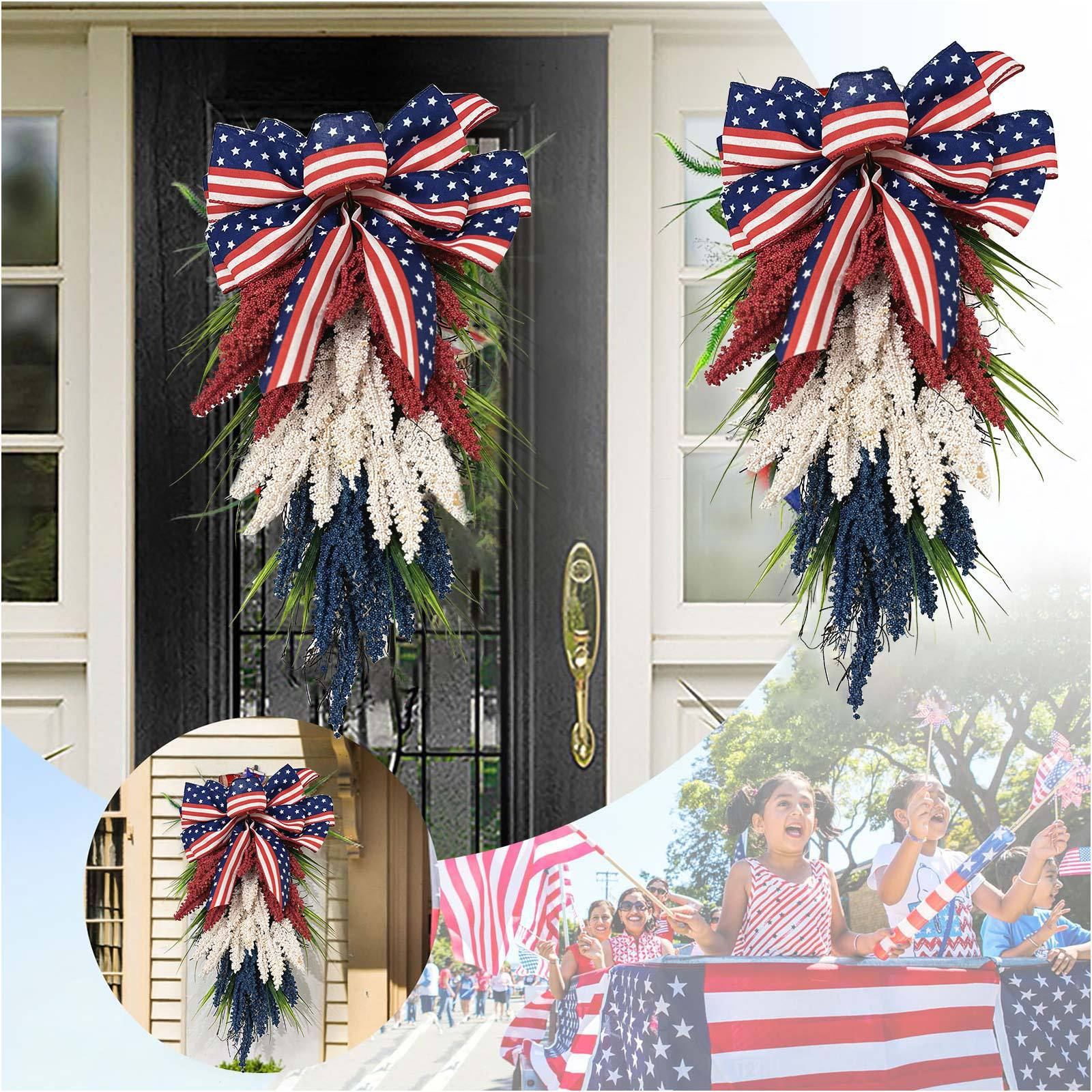 Patriotic Front Door Wreath – 4th of July Red, White & Blue Holiday Decor