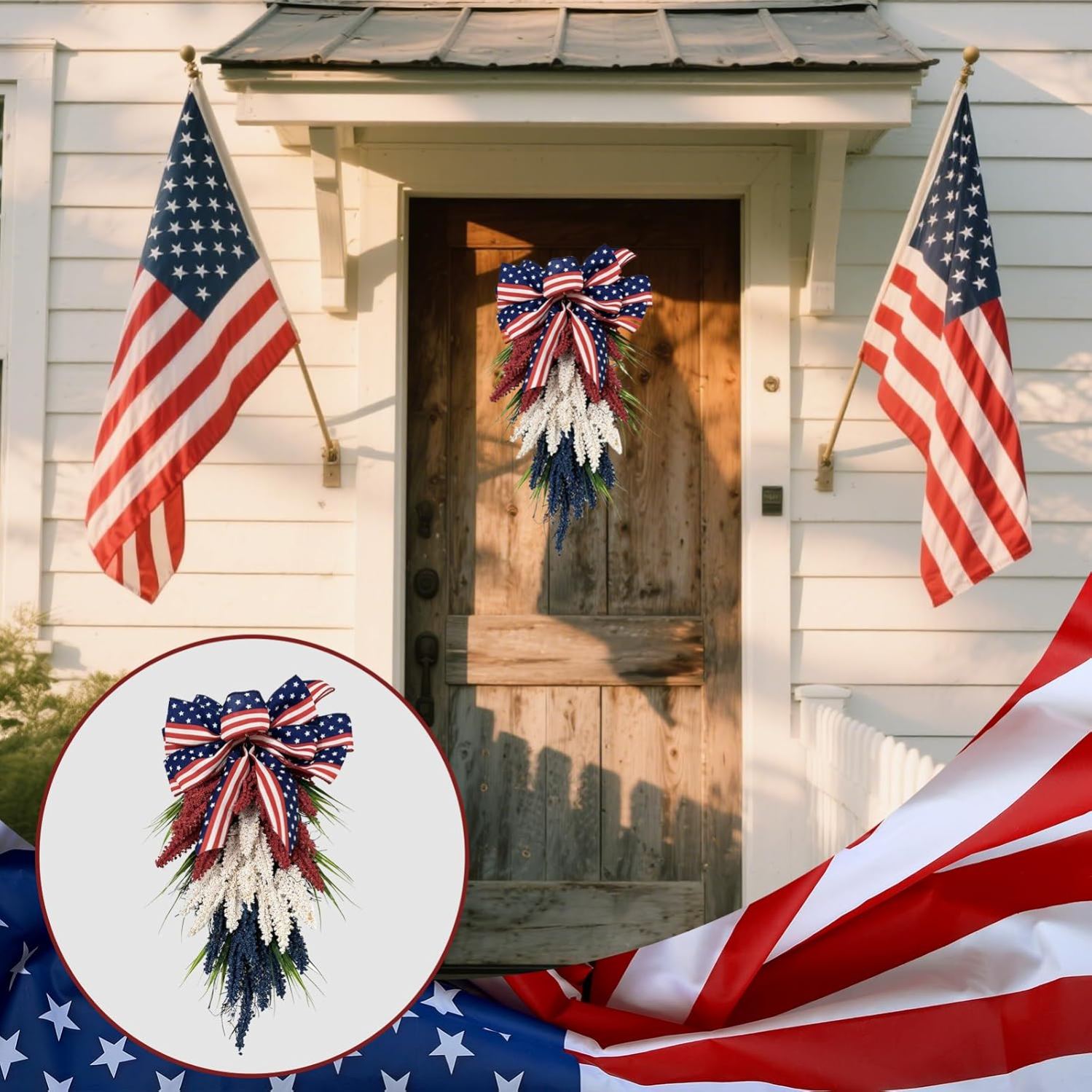 Patriotic Front Door Wreath – 4th of July Red, White & Blue Holiday Decor