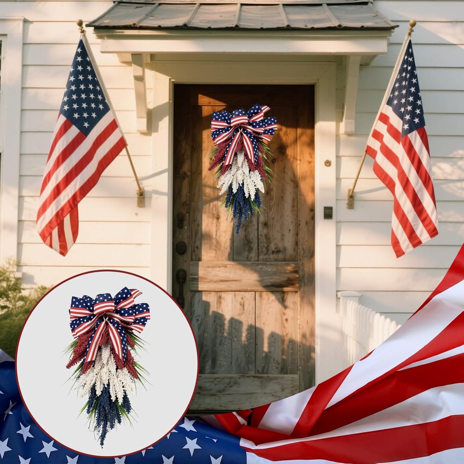 Patriotic Front Door Wreath – 4th of July Red, White & Blue Holiday Decor