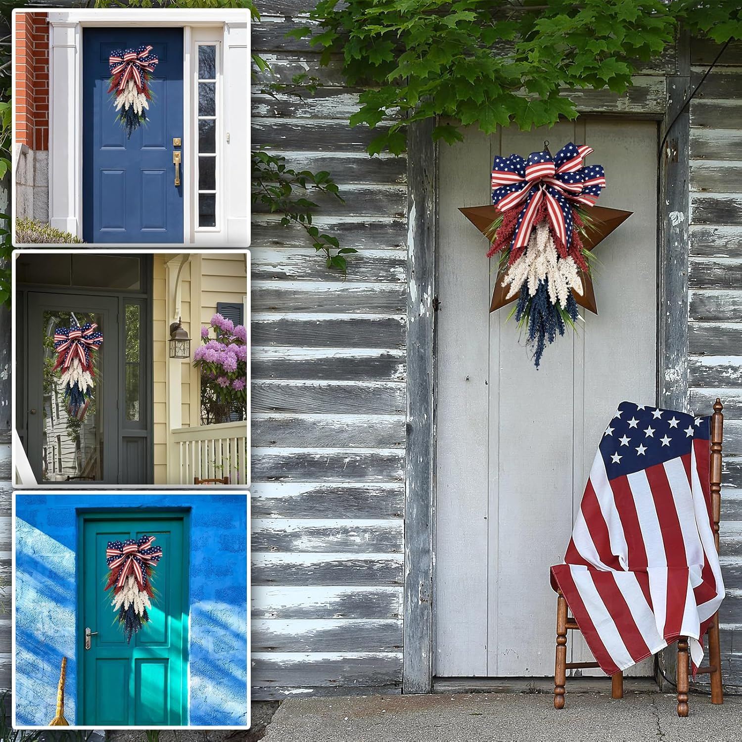 Patriotic Front Door Wreath – 4th of July Red, White & Blue Holiday Decor