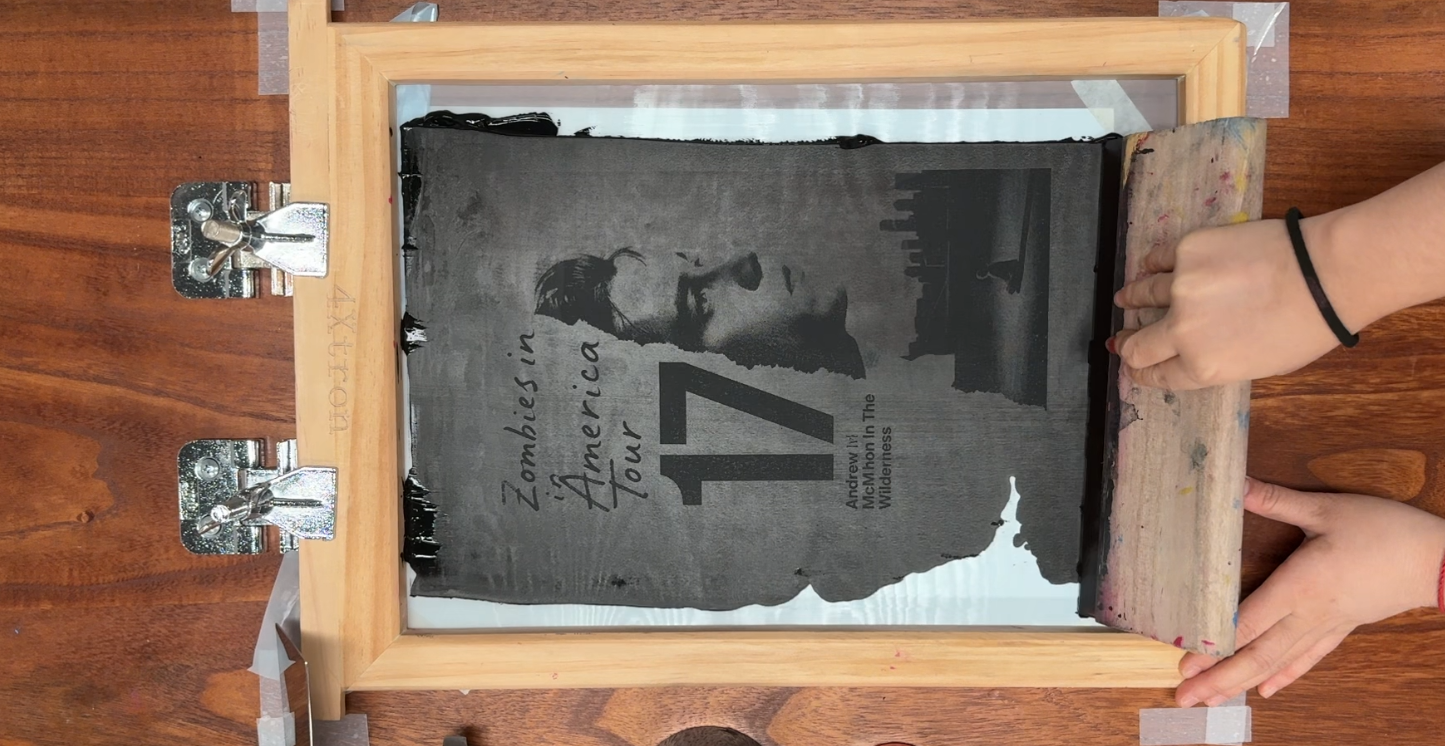 Test print on screen after making the stencil (quick no-emulsion workflow