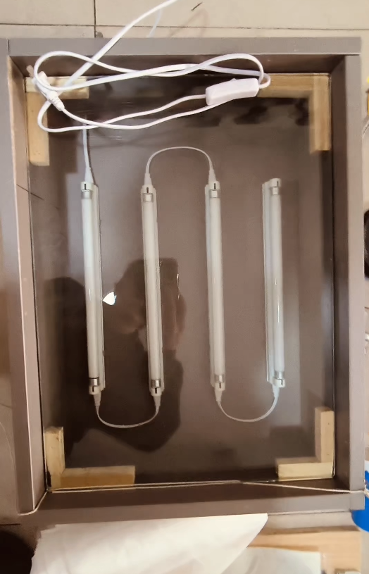 DIY screen exposure unit light box with fluorescent tubes.