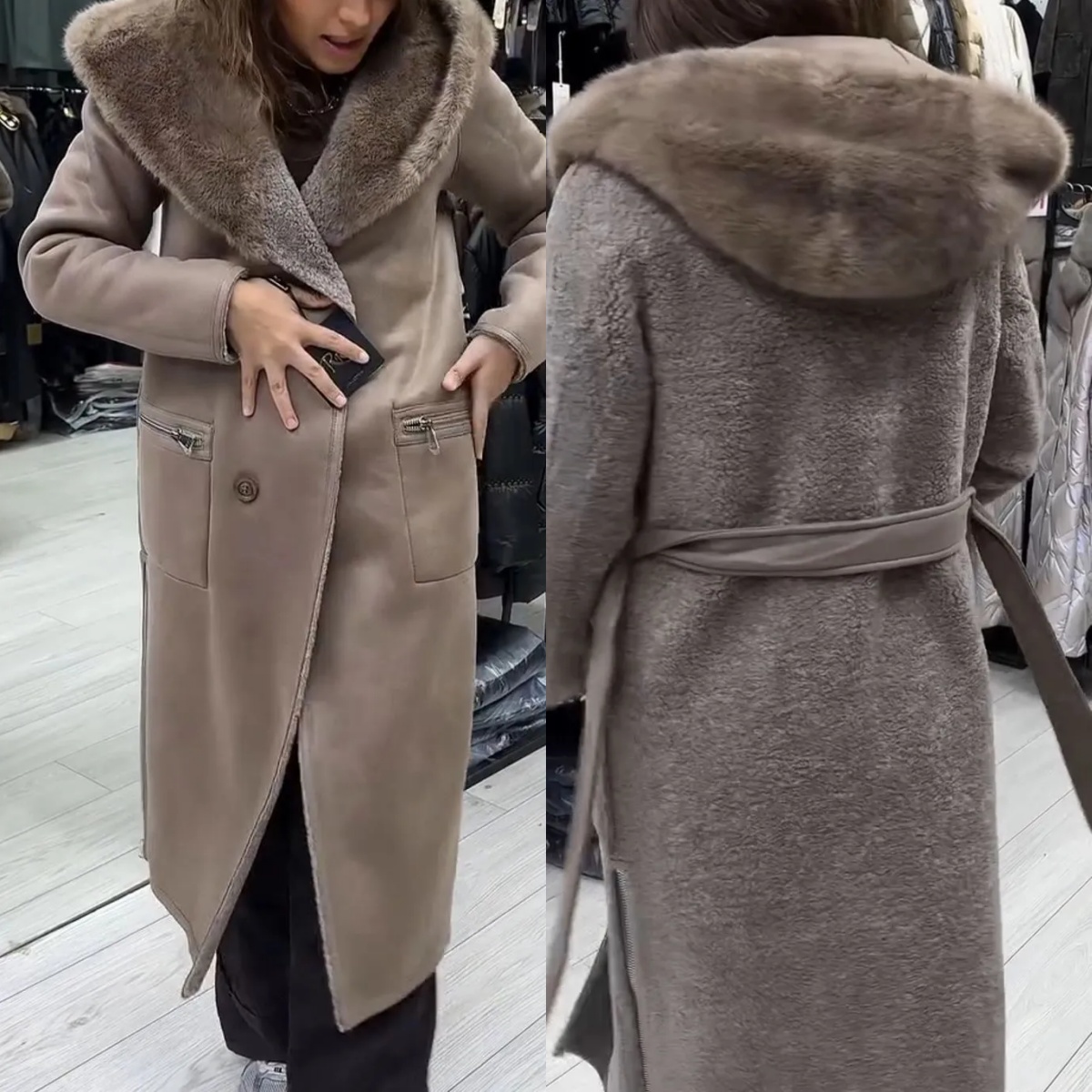 Light Luxury Reversible Beige Shearling & Suede Coat
