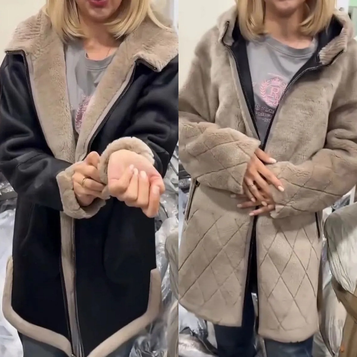 Women Standing Collar Plush Reversible Casual Coat