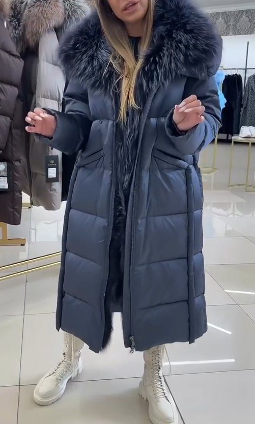 Long check hooded coat