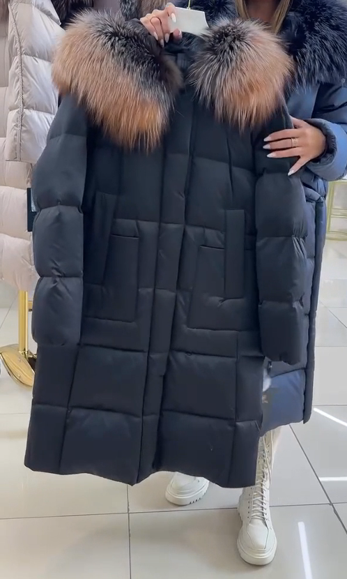 Long check hooded coat