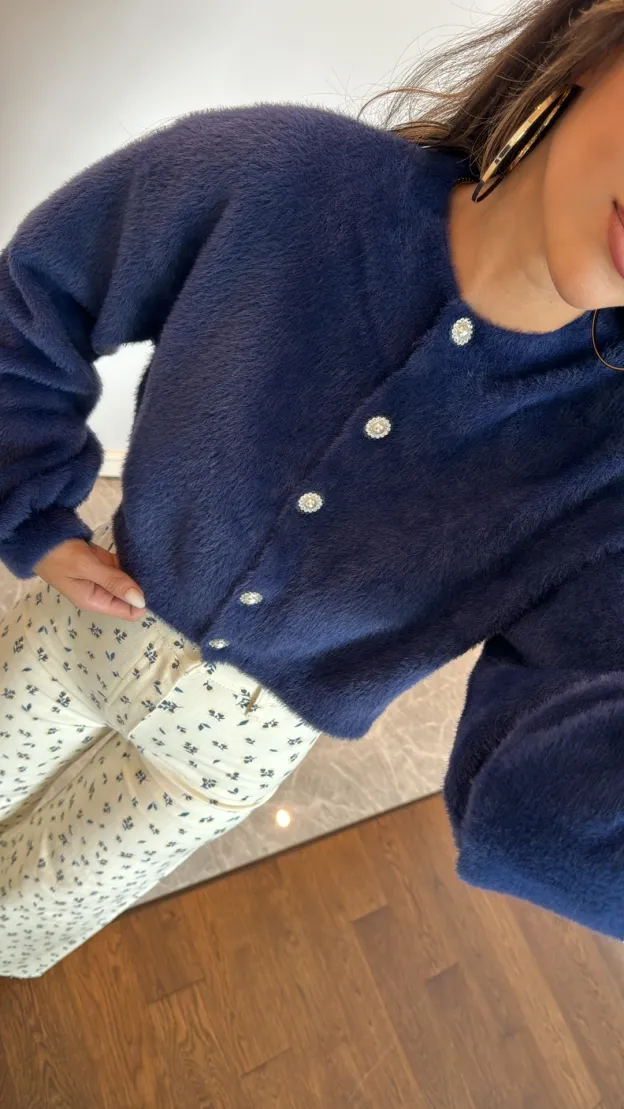 Navy Blue Stone Button Detailed Cardigan