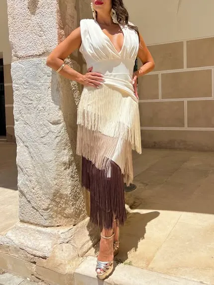 Elegant V-neck Gradient Fringe Maxi Dress