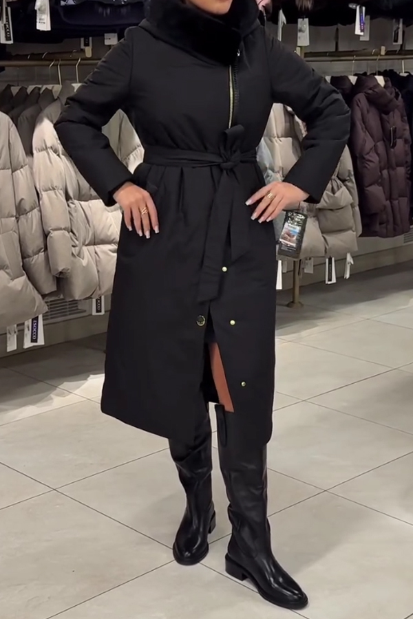 Women Fur Collar Casual Asymmetric Slit Button Insulated Hooded Jacket