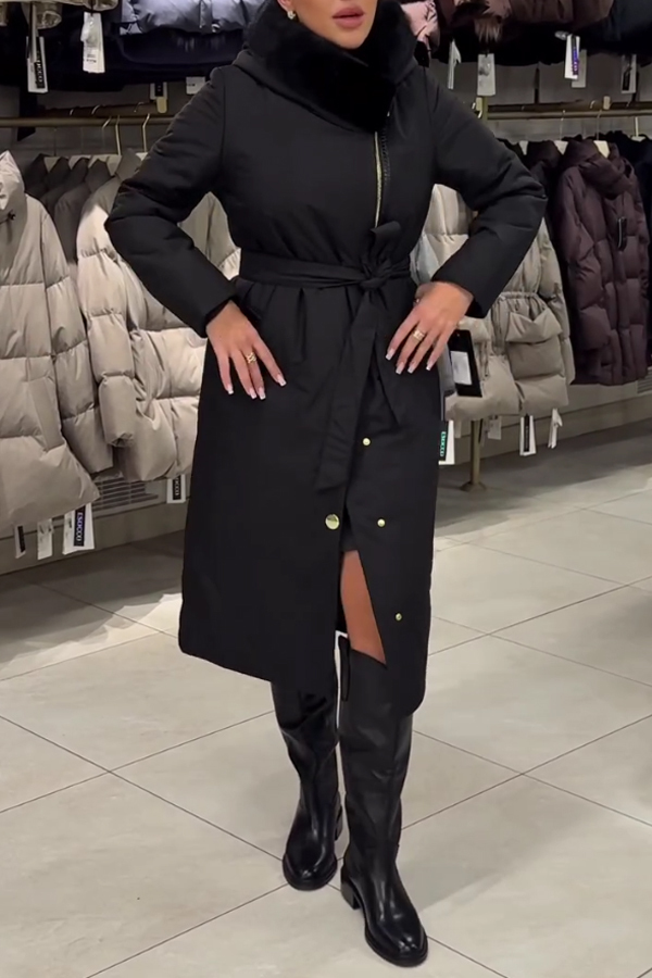 Women Fur Collar Casual Asymmetric Slit Button Insulated Hooded Jacket