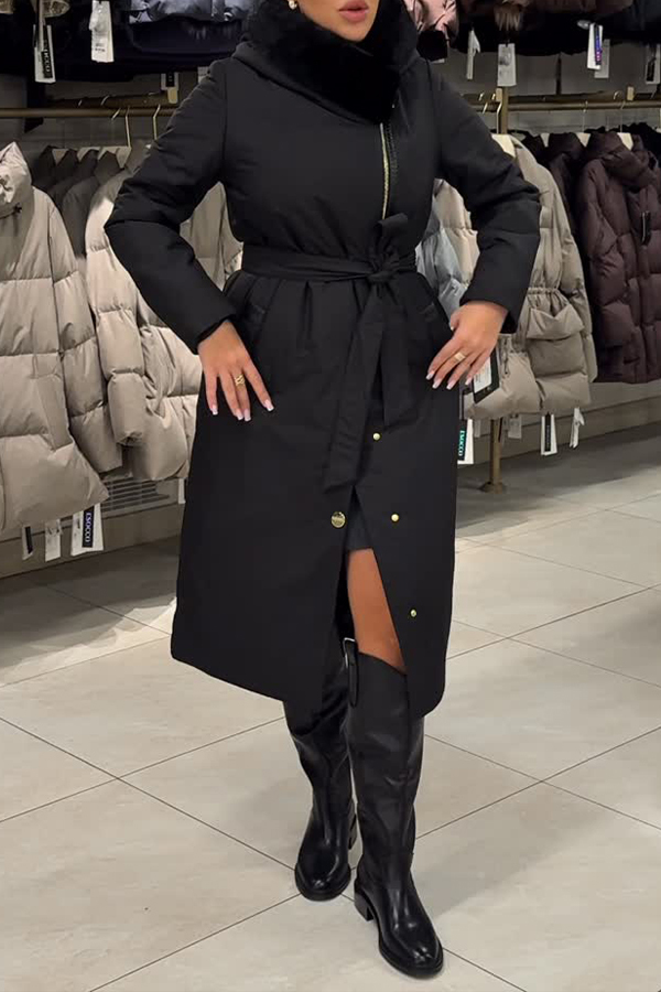 Women Fur Collar Casual Asymmetric Slit Button Insulated Hooded Jacket
