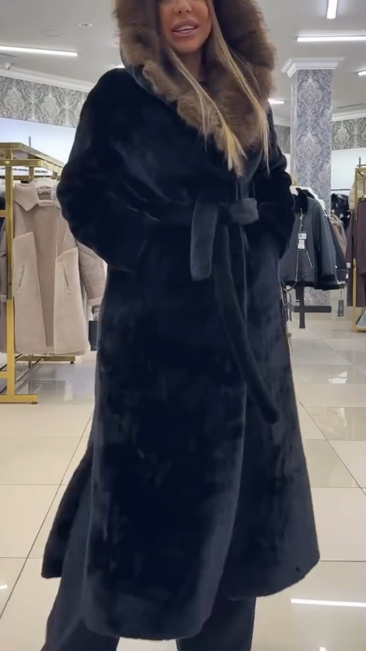 Fashion - Forward Belted Faux Fur Long Coat with Hood