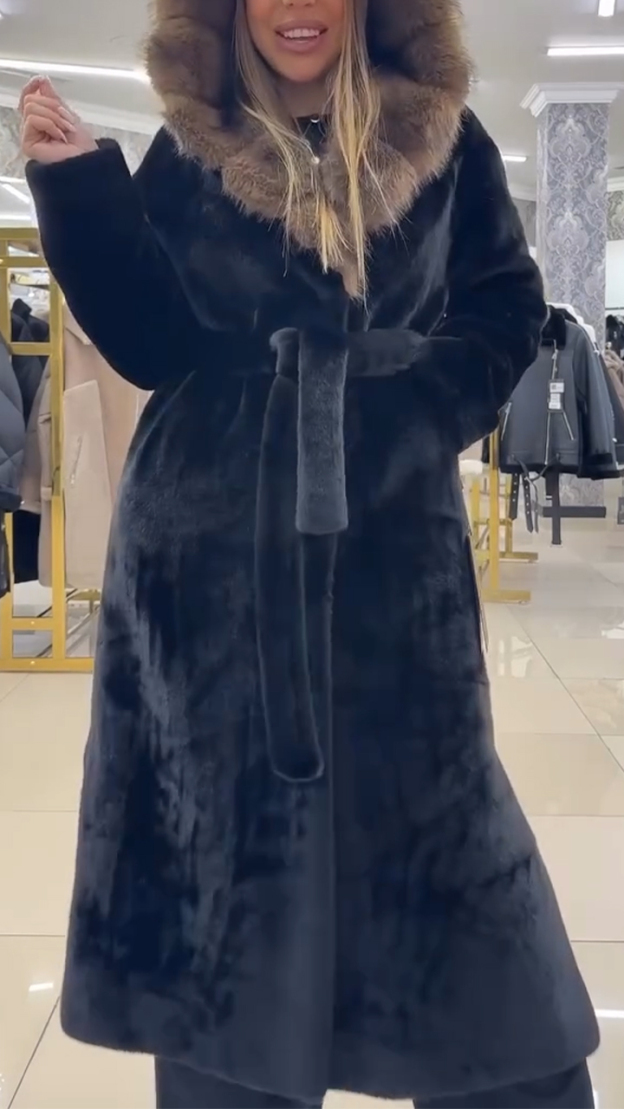 Fashion - Forward Belted Faux Fur Long Coat with Hood