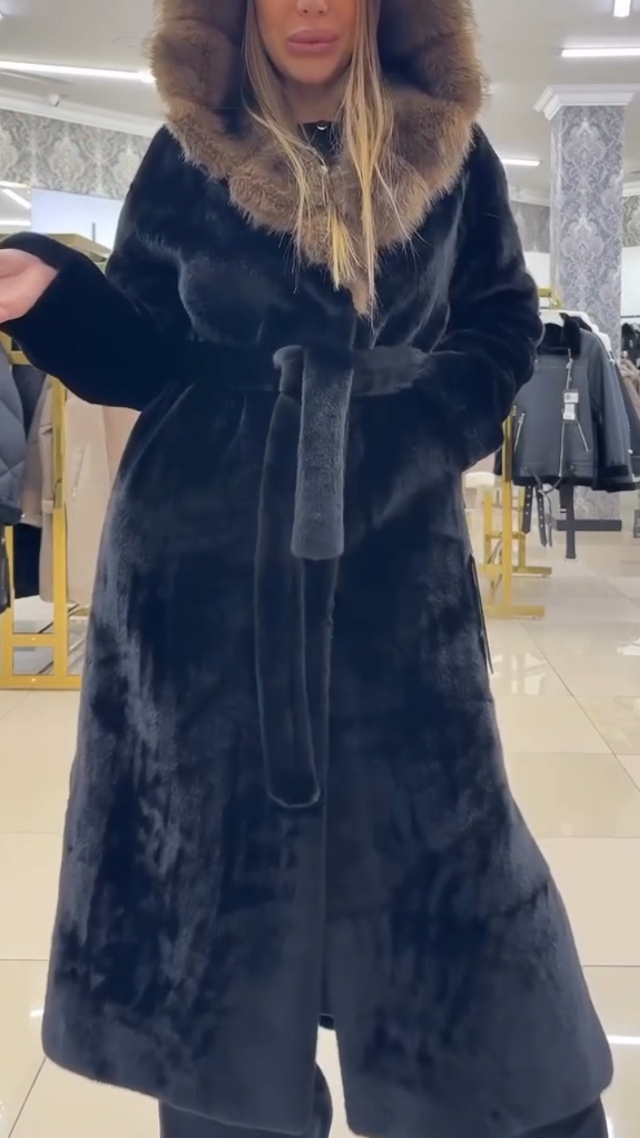 Fashion - Forward Belted Faux Fur Long Coat with Hood