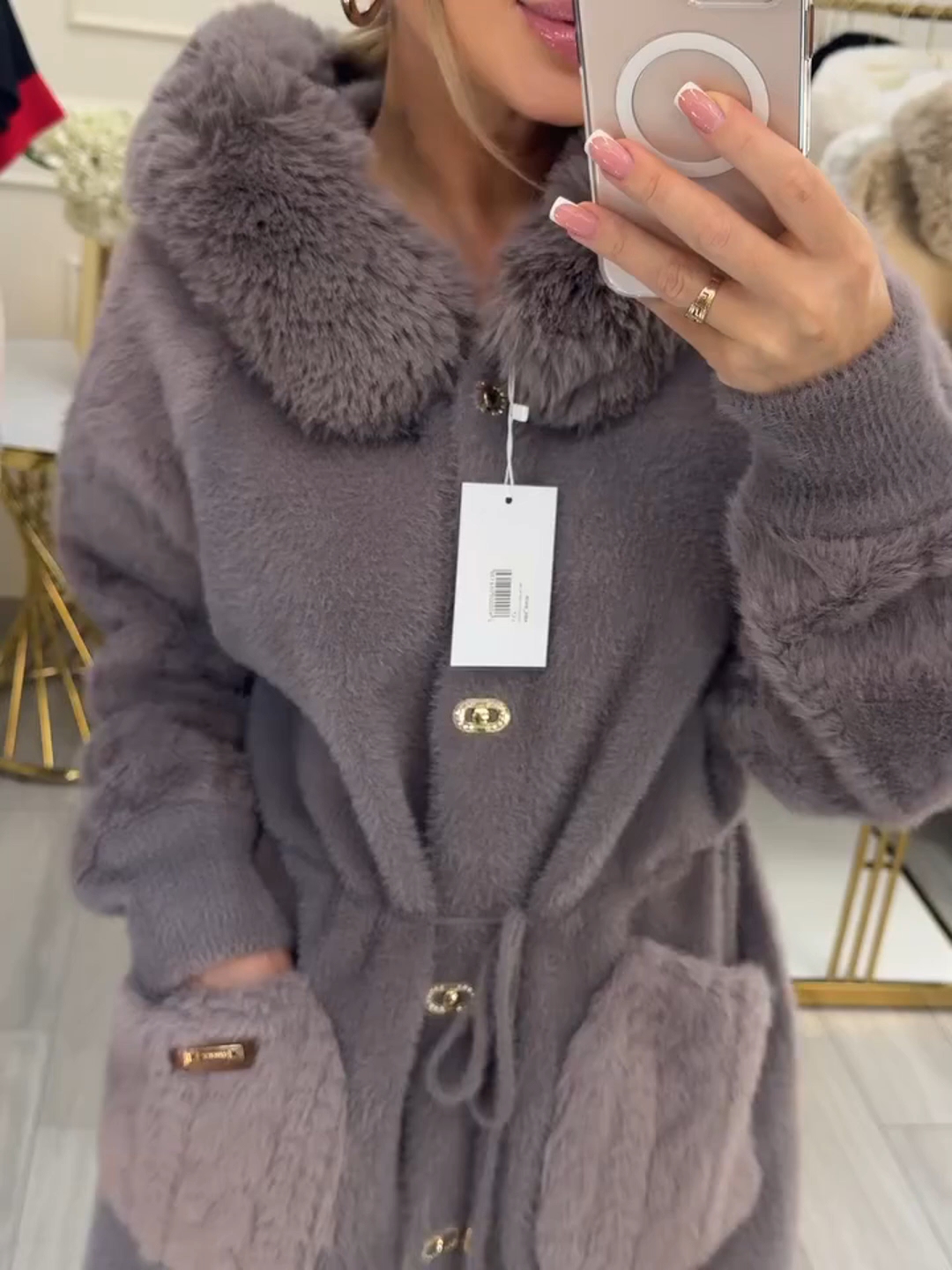 Elegant Luxe Gray Faux Fur Belted Coat
