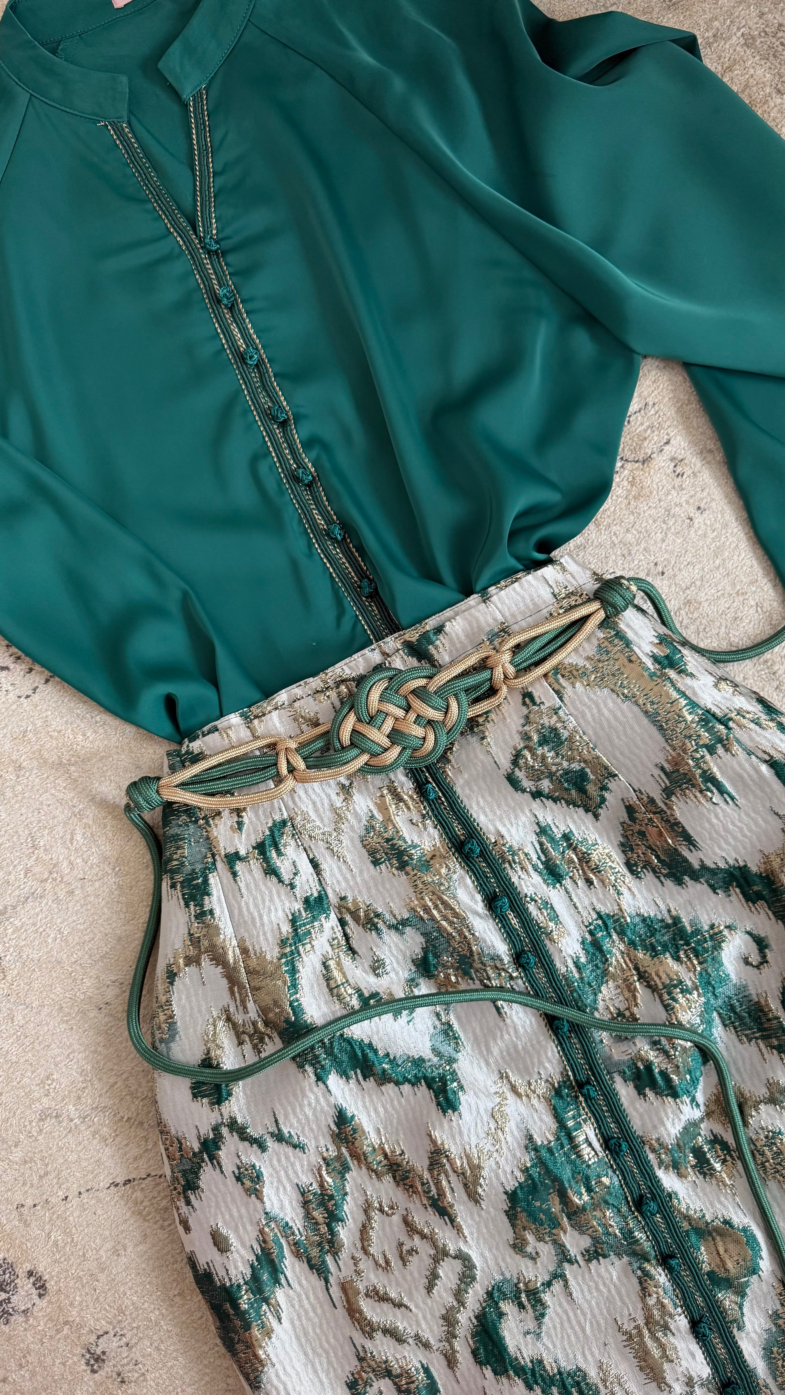 Gold brocade skirt set | Emerald green