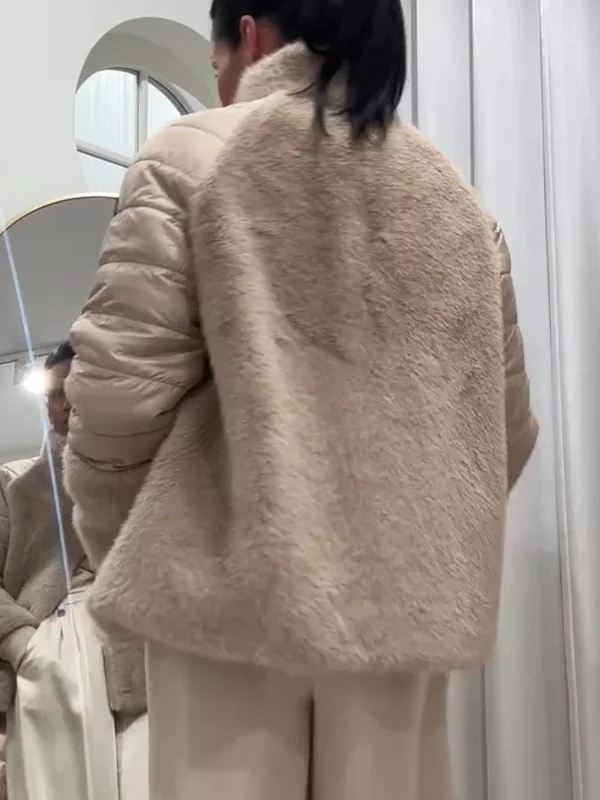 Women Stand Collar Splicing Plush Casual Cotton Jacket