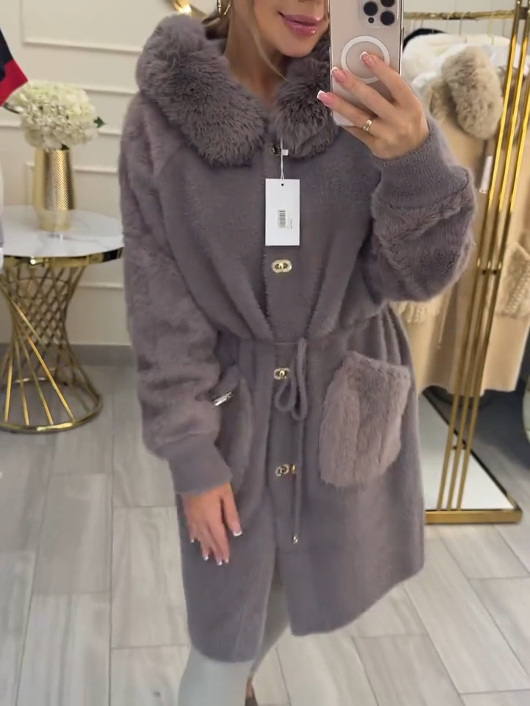 Elegant Luxe Gray Faux Fur Belted Coat