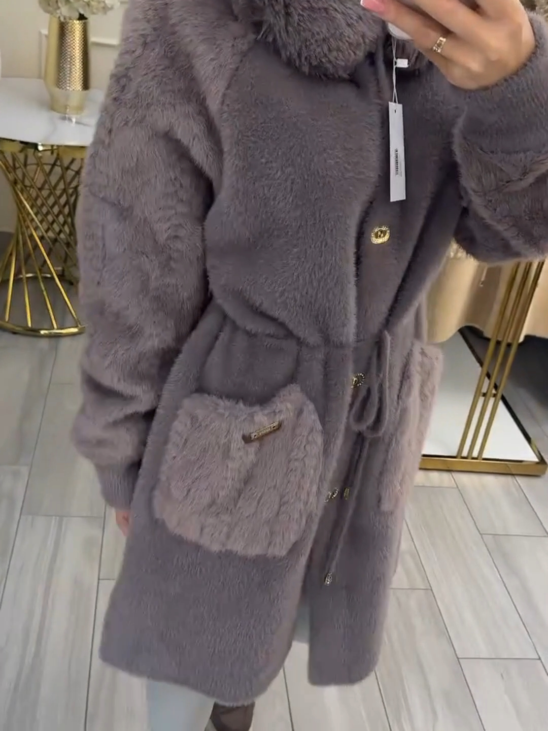 Elegant Luxe Gray Faux Fur Belted Coat