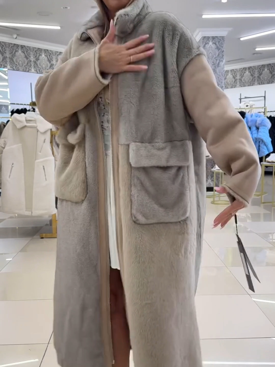 Vintage Color-Block Faux Fur Long Coat