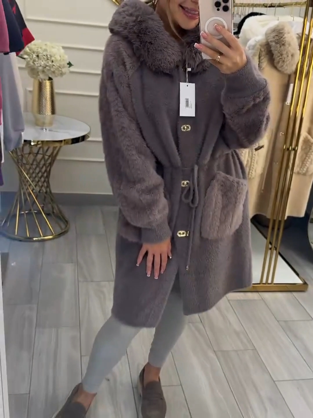 Elegant Luxe Gray Faux Fur Belted Coat