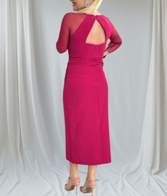 Draped midi dress with Cherry tulle sleeves.