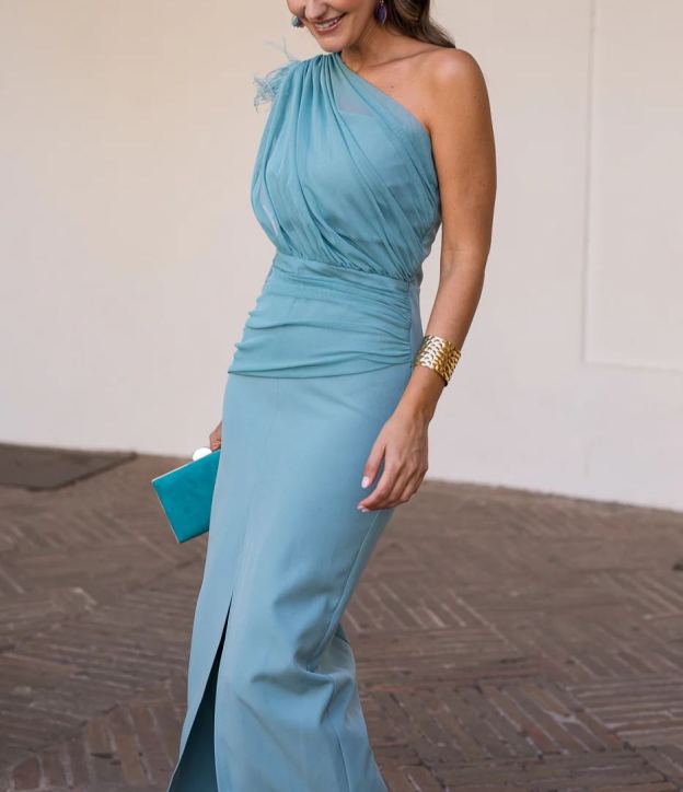 Pastel blue asymmetrical draped midi dress