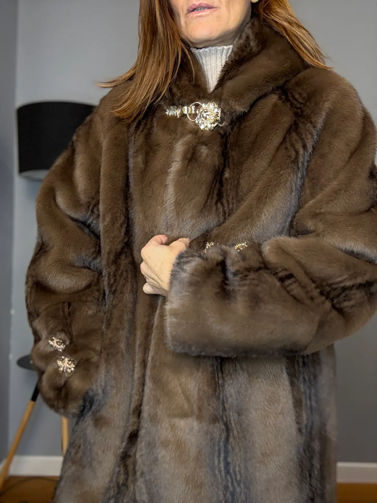 Luxury Gradient Brown Faux Fur Coat with Crystal Embellishments