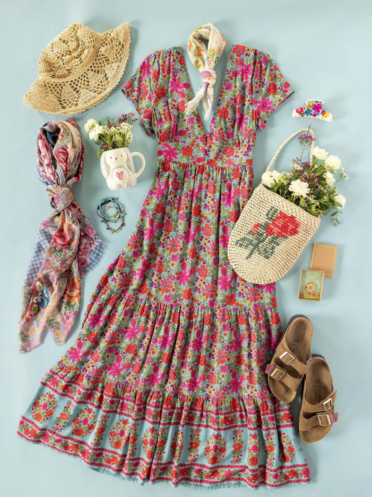 Evangeline Maxi Dress - Boho Floral Turquoise