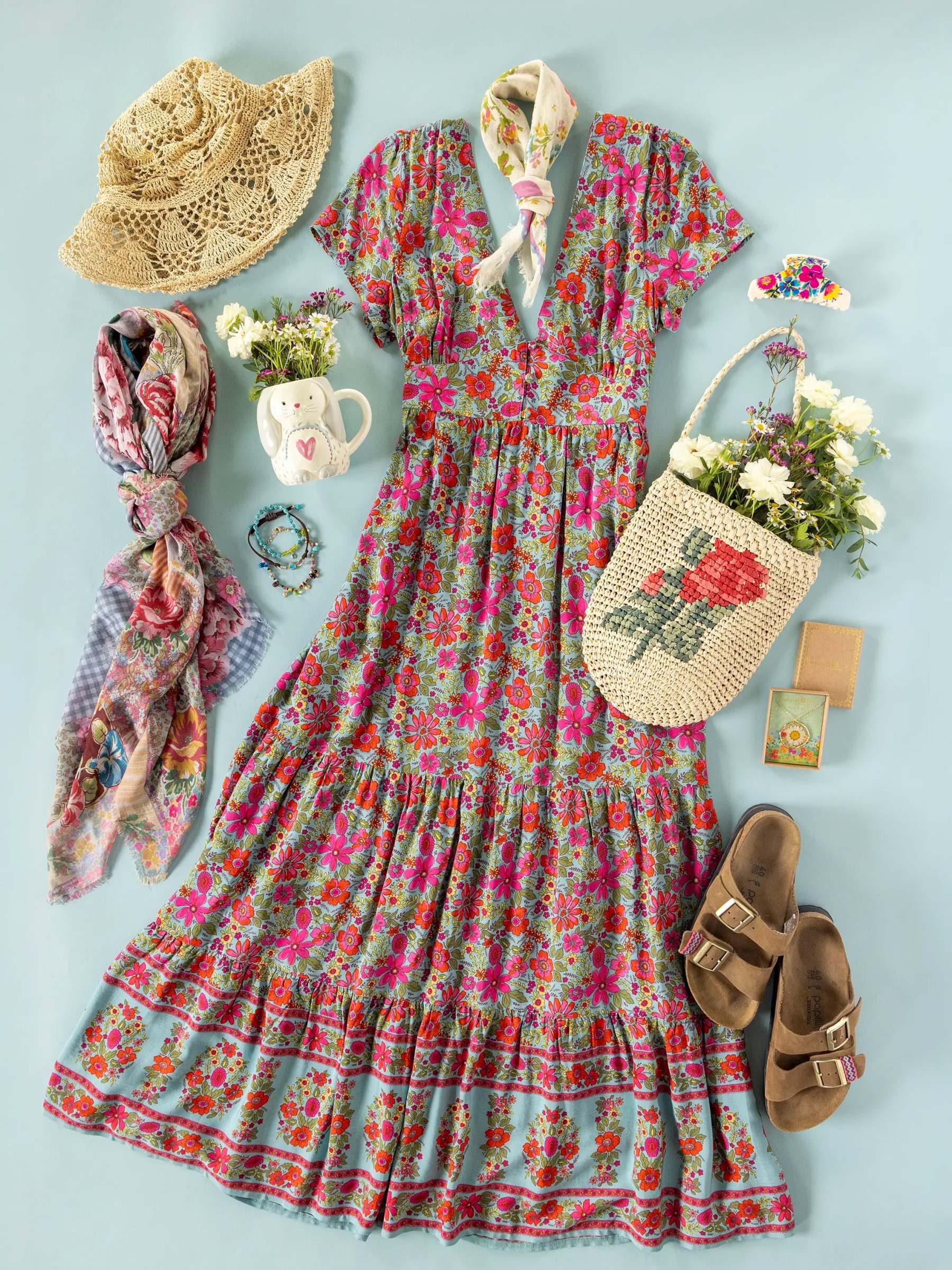 Evangeline Maxi Dress - Boho Floral Turquoise