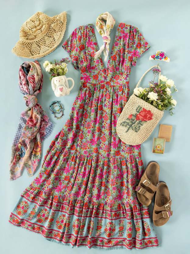 Evangeline Maxi Dress - Boho Floral Turquoise