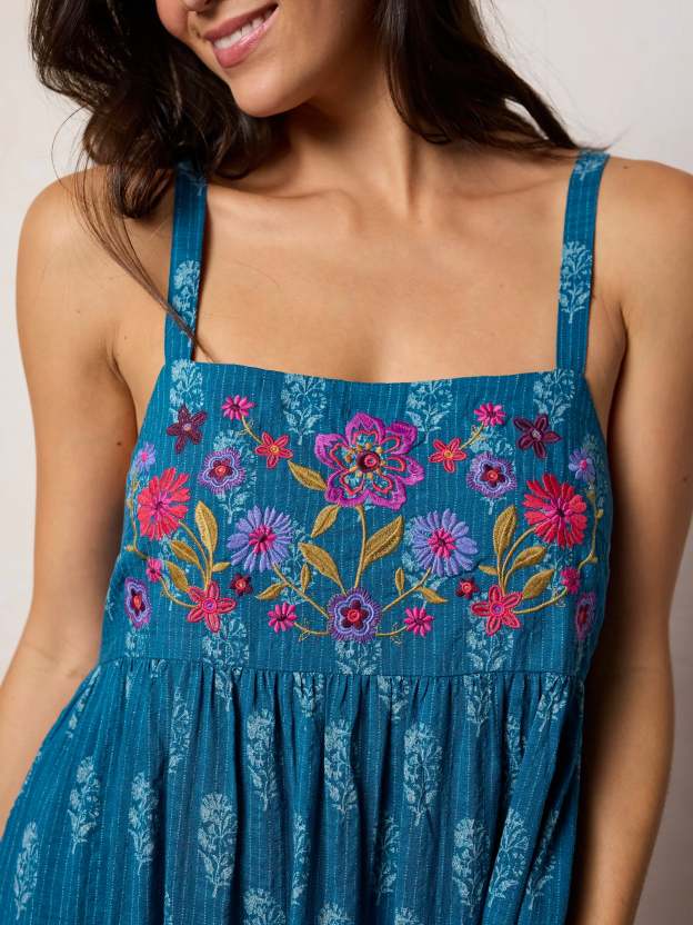 Patricia Embroidered Maxi Dress - Block Stamp Indigo