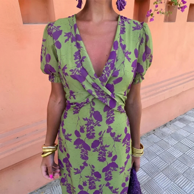 WOMEN'S BOHO FLORAL V-NECK DRESS