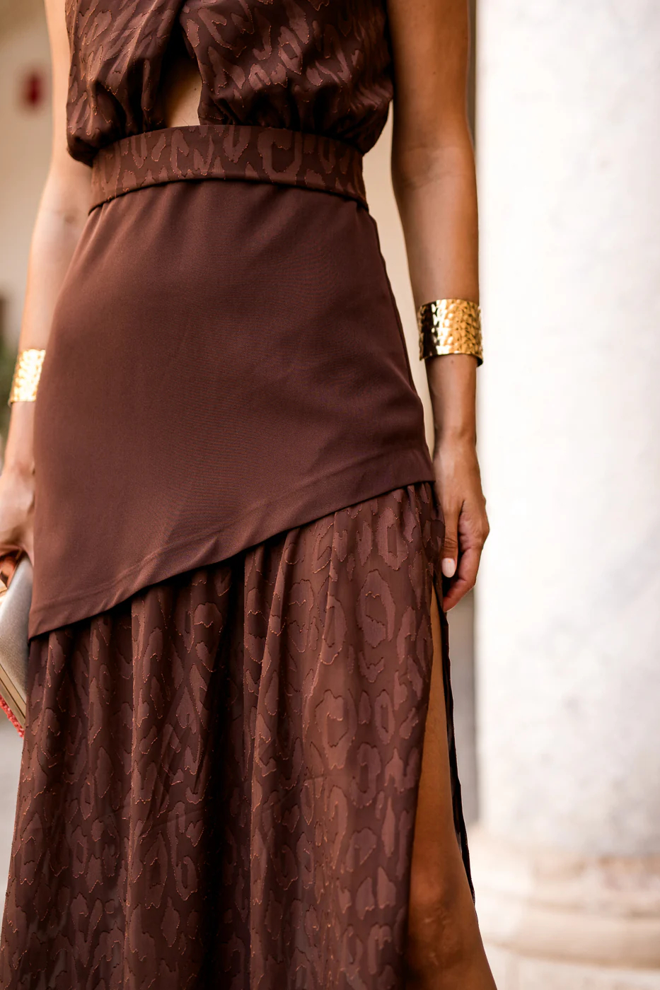 Long halter dress with double brown skirt