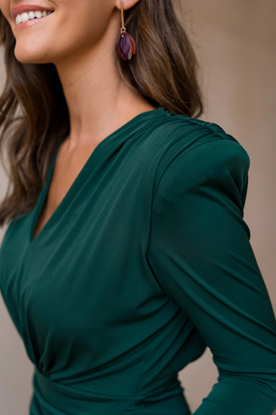 Green ruched midi dress with shoulder pads