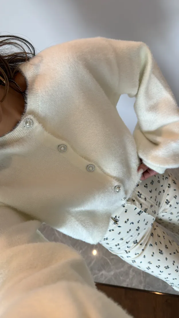 Ecru Stone Button Detailed Cardigan