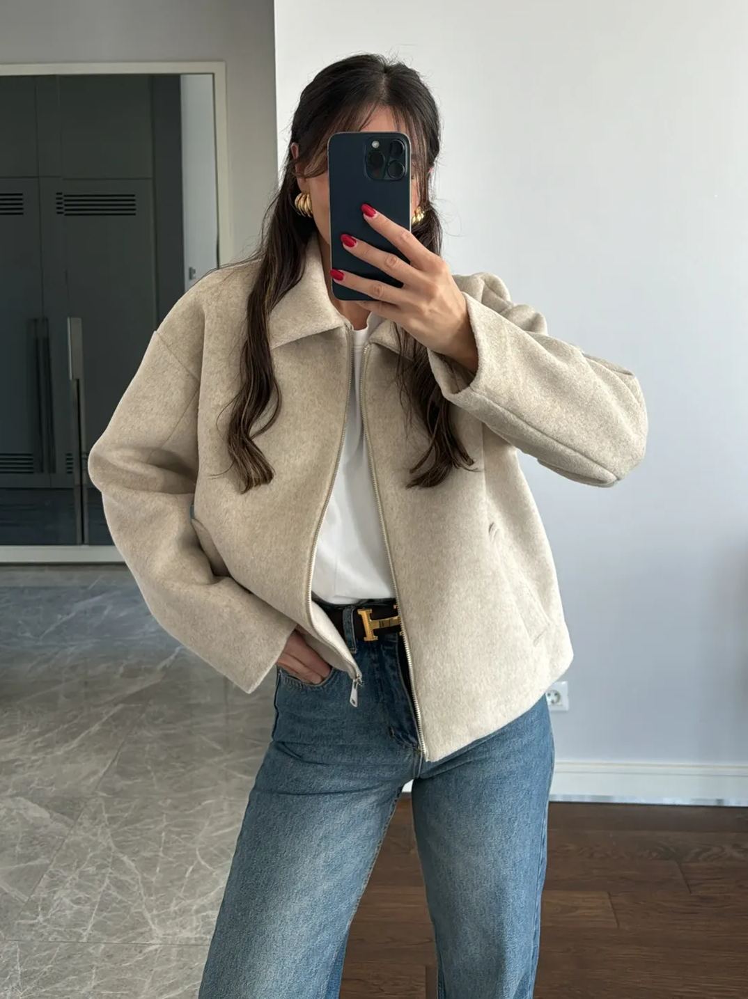 Stone Color Collar Detailed Cashmere Jacket