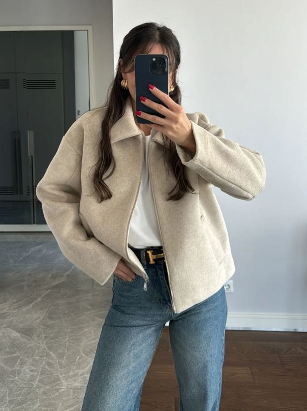 Stone Color Collar Detailed Cashmere Jacket