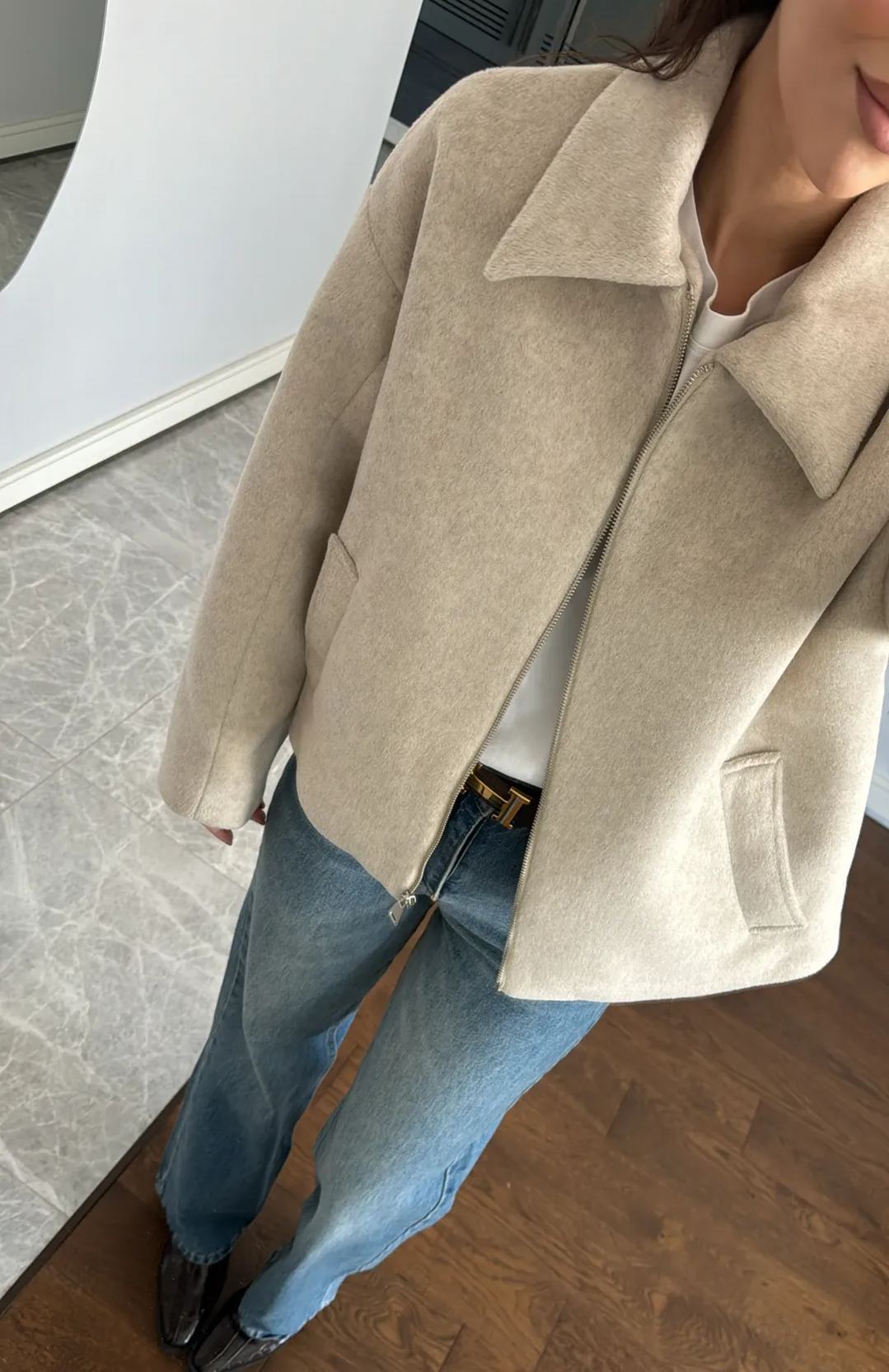 Stone Color Collar Detailed Cashmere Jacket