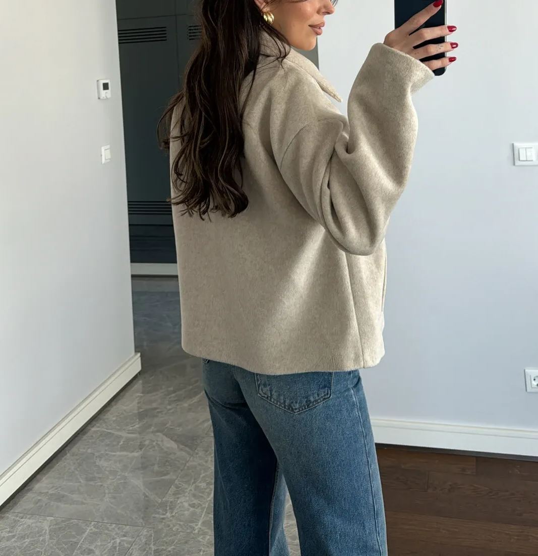 Stone Color Collar Detailed Cashmere Jacket